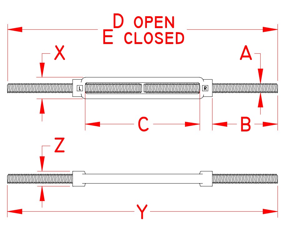 Stainless Steel Forged Full Thread Turnbuckle, S0112-TS07, S0112-TS08, S0112-TS10, S0112-TS13, S0112-TS16, S0112-TS20, S0112-TS25, Line Drawing Stainless Steel Forged Full Thread Turnbuckle, S0112-TS07, S0112-TS08, S0112-TS10, S0112-TS13, S0112-TS16, S0112-TS20, S0112-TS25, Line Drawing